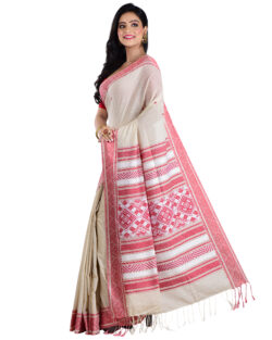 Aishani Collection Woven Mercerise Cotton Baluchari Festive Handloom Saree with bp (Off white, Red)