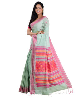 Aishani Collection Woven Mercerise Cotton Baluchari Handloom Saree with bp (Green,Multicolor)