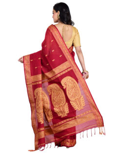 Aishani Collection Woven Mercerise Cotton Organic Baluchari Handloom Saree with bp (Maroon,Beige)