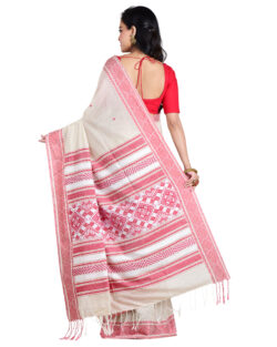 Aishani Collection Woven Mercerise Cotton Baluchari Festive Handloom Saree with bp (Off white, Red)