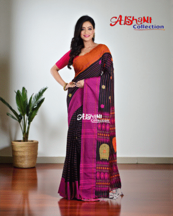 **Pure Cotton Woven & Embroidered Motif Handloom Saree with Blouse Piece by Aishani Collection (Green & Multicolor)
