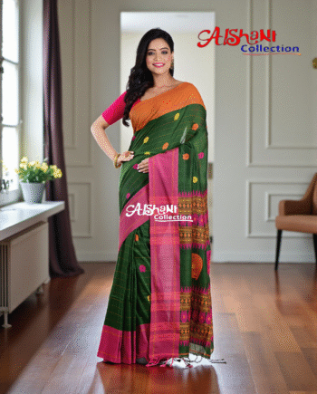 **Pure Cotton Woven & Embroidered Motif Handloom Saree with Blouse Piece by Aishani Collection (Green & Multicolor)