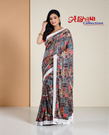 Aishani Collection Sequin Work Abstract Print Silk Fancy Saree with Lace Border & Blouse Piece | Partywear Silk Saree for Women