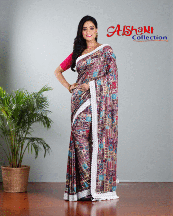 Aishani Collection Sequin Work Abstract Print Silk Fancy Saree with Lace Border & Blouse Piece | Partywear Silk Saree for Women