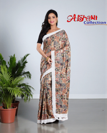 Aishani Collection Sequin Work Abstract Print Silk Fancy Saree with Lace Border & Blouse Piece | Partywear Silk Saree for Women