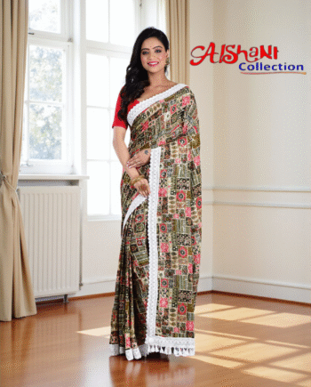 Aishani Collection Sequin Work Abstract Print Silk Fancy Saree with Lace Border & Blouse Piece | Partywear Silk Saree for Women