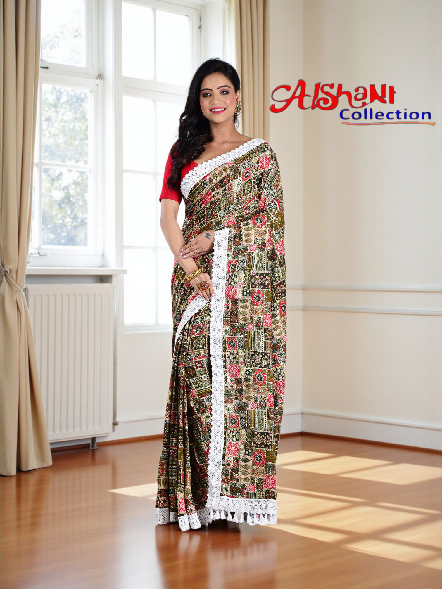 Aishani Collection Sequin Work Abstract Print Silk Fancy Saree with Lace Border & Blouse Piece | Partywear Silk Saree for Women