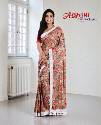Aishani Collection Sequin Work Abstract Print Silk Fancy Saree with Lace Border & Blouse Piece | Partywear Silk Saree for Women