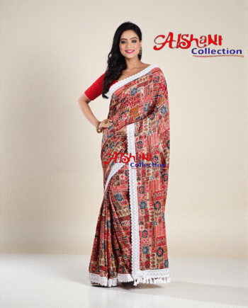 Aishani Collection Sequin Work Abstract Print Silk Fancy Saree with Lace Border & Blouse Piece | Partywear Silk Saree for Women
