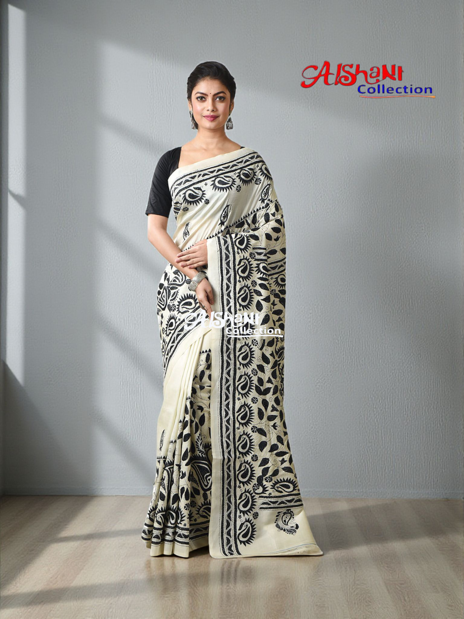 Pure Bangalore Silk Hand Embroidered Kantha Stitch Saree with Blouse Piece & Silk Mark– Aishani Collection