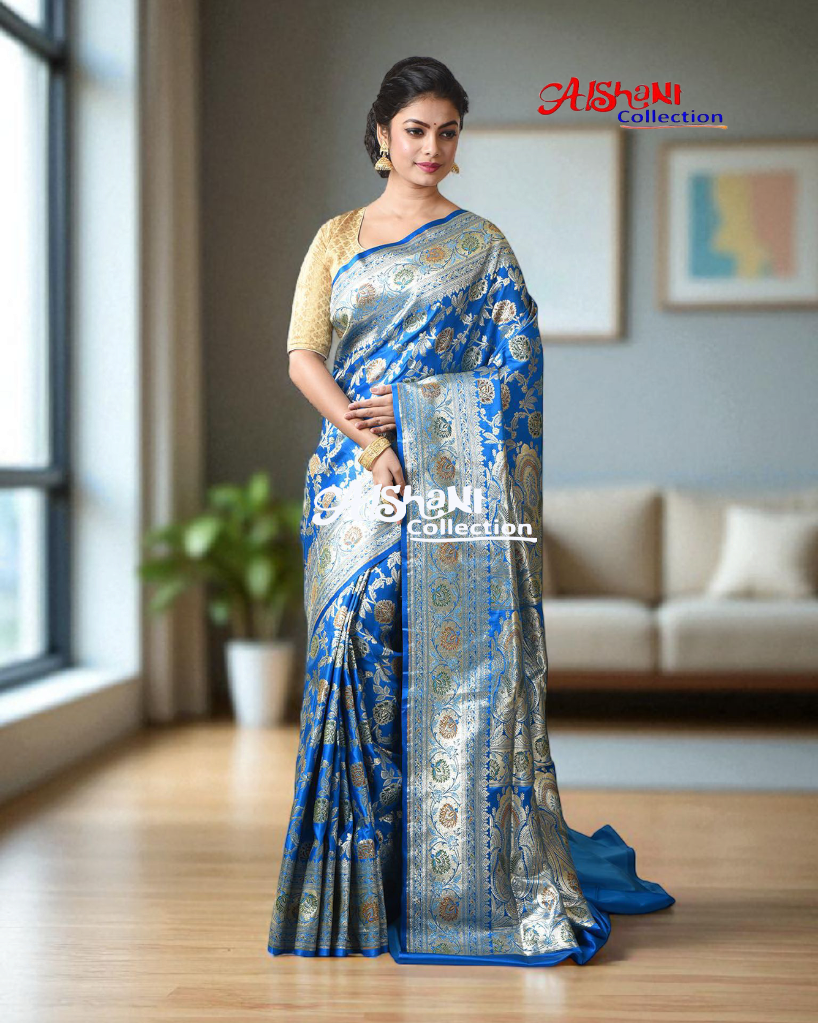 Aishani Collection Woven Pure Katan Silk Banarasi Wedding Saree for Women with Blouse Piece (Firoja Blue)