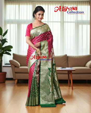 Aishani Collection Woven Pure Katan Silk Banarasi Wedding Saree for Women with Blouse Piece (Dark Pink & Green)
