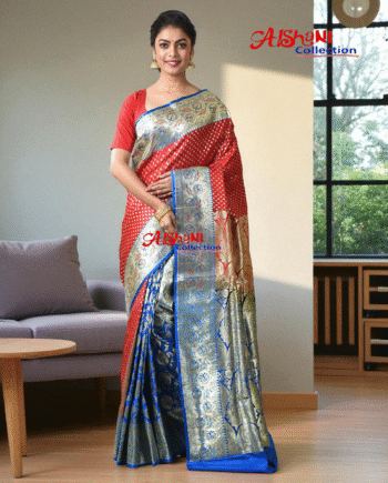 Aishani Collection Woven Pure Katan Silk Banarasi Wedding Saree for Women with Blouse Piece (Red & Blue)