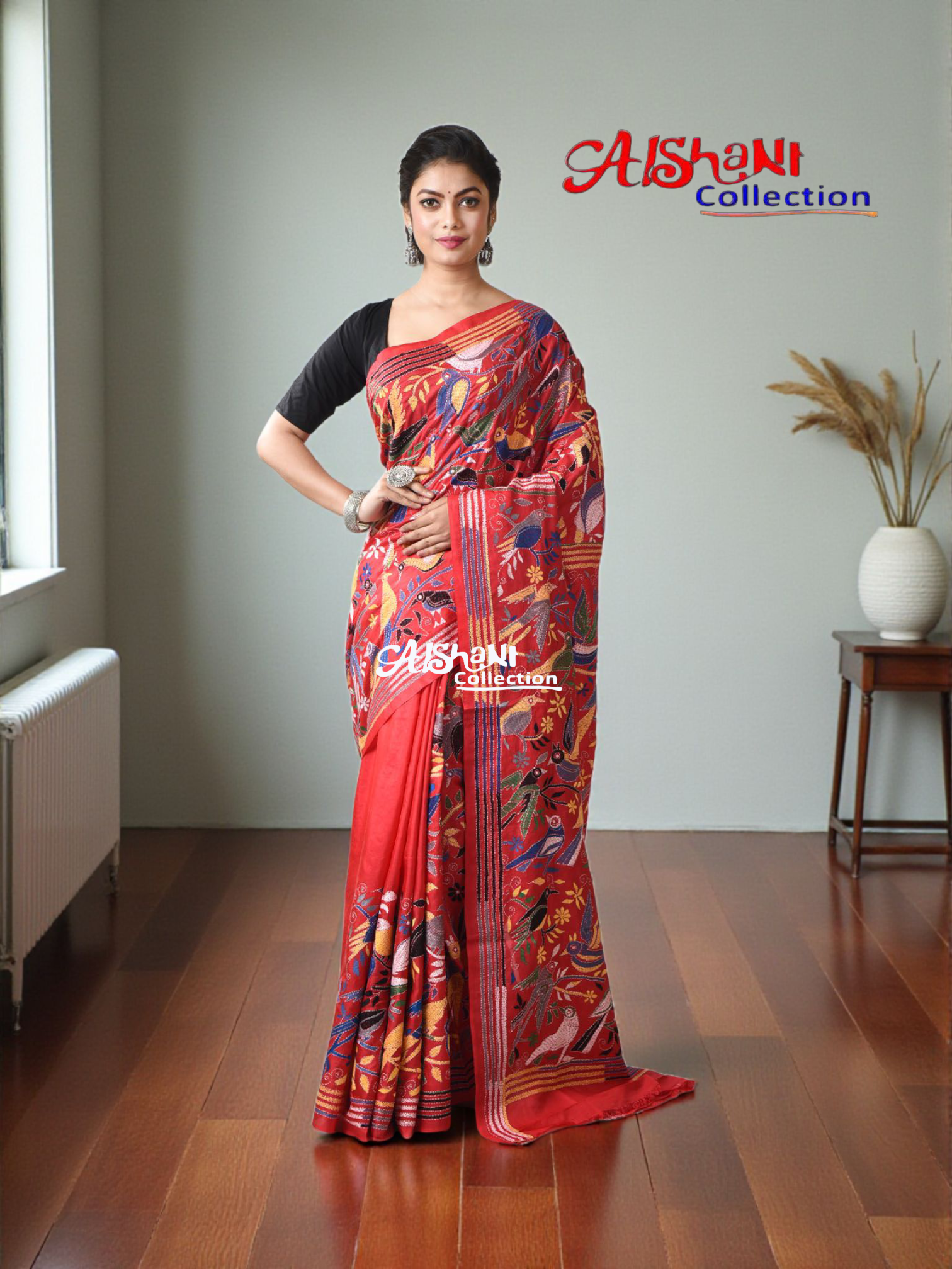 Pure Bangalore Silk Hand Embroidered Kantha Stitch Saree with Blouse Piece & Silk Mark– Aishani Collection