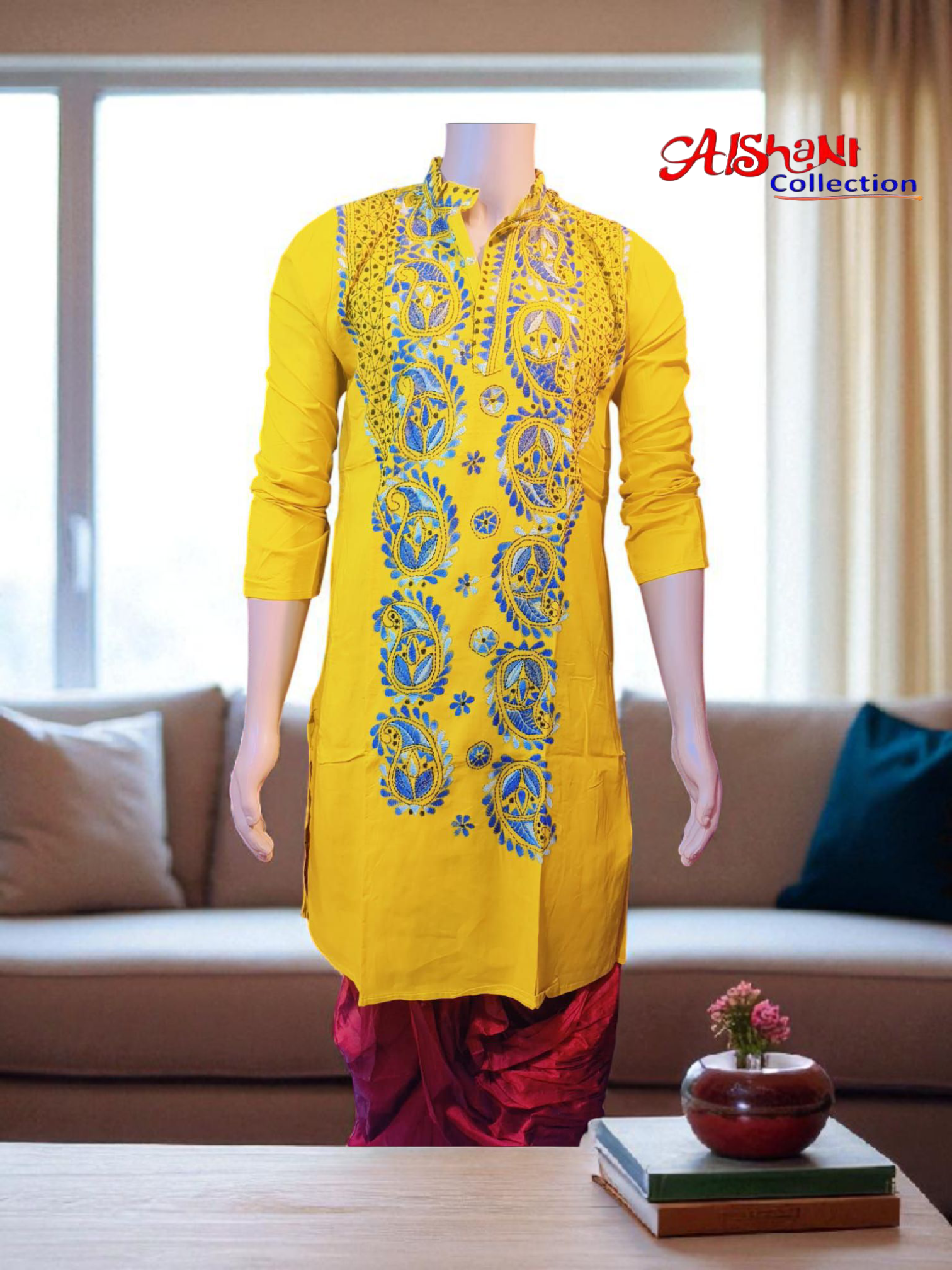Aishani Collection Hand Embroidery Kantha Stitch Cotton Punjabi for Men Festive Collection (Yellow)