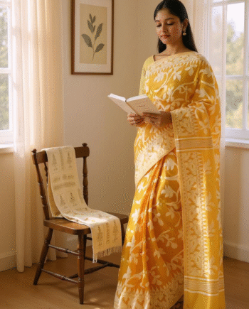 🌸Woven Cotton Silk Dhakai Jamdani Saree Without Blouse Piece | Lightweight | Zari Work | Paisley & Floral Karat Weave | Traditional Festive & Partywear Saree(BEIGE)