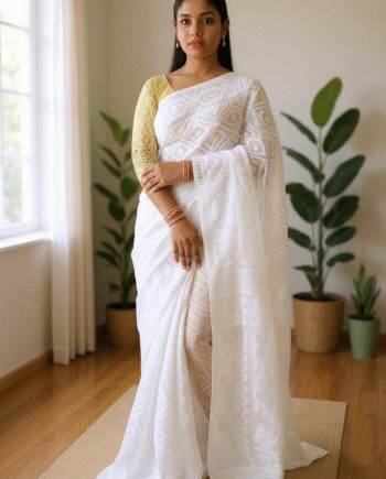 🌸Woven Cotton Silk Dhakai Jamdani Saree Without Blouse Piece | Lightweight | Zari Work | Paisley & Floral Karat Weave | Traditional Festive & Partywear Saree (WHITE)