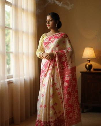 🌸 Woven Cotton Silk Dhakai Jamdani Saree Without Blouse Piece | Lightweight | Zari Work | Paisley & Floral Karat Weave | Traditional Festive & Partywear Saree (WHITE & RED)