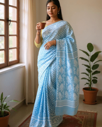 🌸Woven Cotton Silk Dhakai Jamdani Saree Without Blouse Piece | Lightweight | Zari Work | Paisley & Floral Karat Weave | Traditional Festive & Partywear Saree (SKY BLUE)