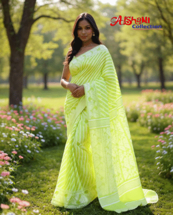 🌸 Woven Cotton Silk Dhakai Jamdani Saree Without Blouse Piece | Lightweight | Zari Work | Paisley & Floral Karat Weave | Traditional Festive & Partywear Saree (LIGHT GREEN)