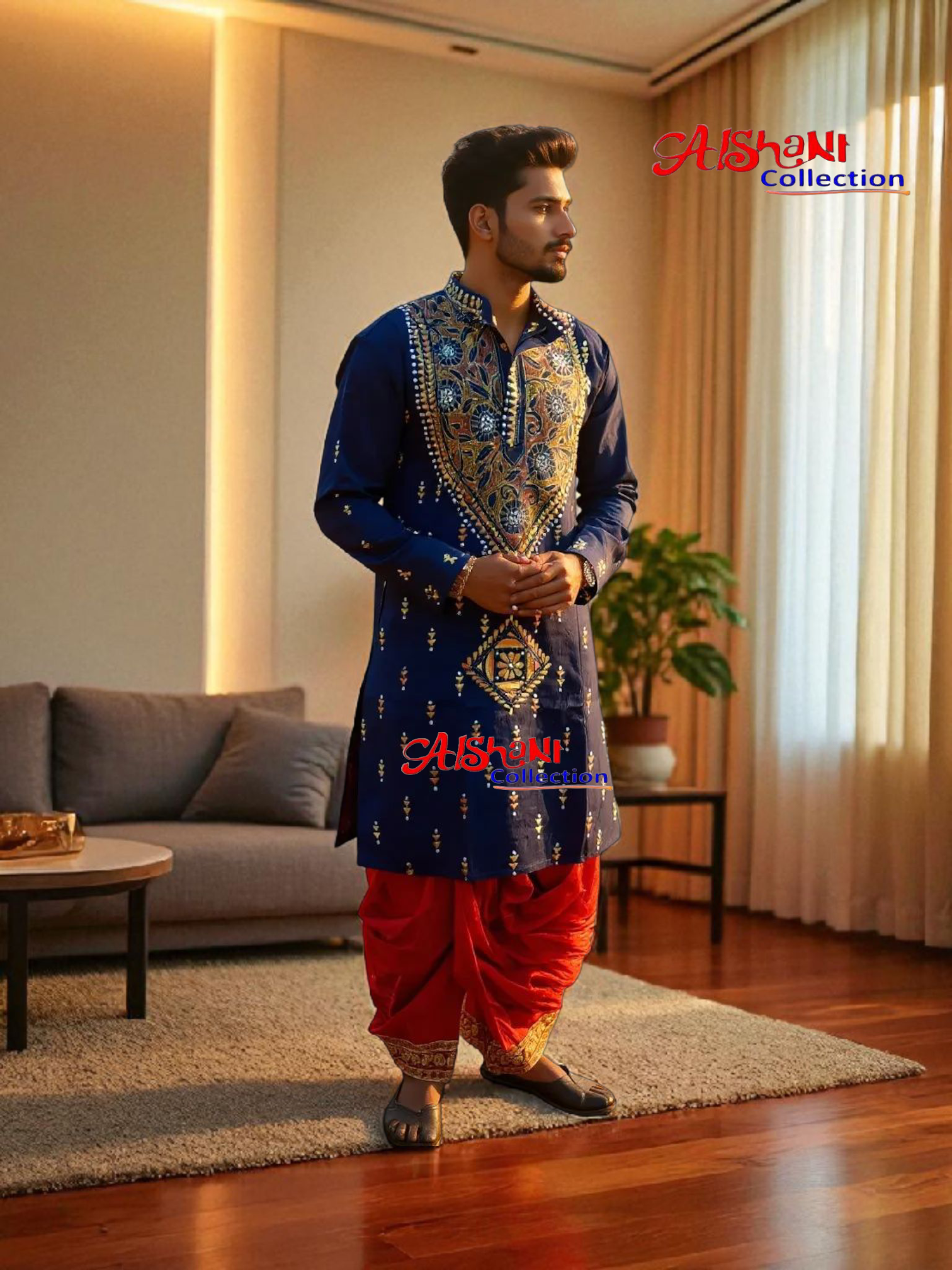 Aishani Collection Hand Embroidery Kantha Stitch Cotton Punjabi for Men Festive Collection (Majenta)