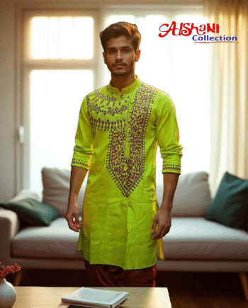 Aishani Collection Hand Embroidery Kantha Stitch Cotton Punjabi for Men Festive Collection (Light Green)