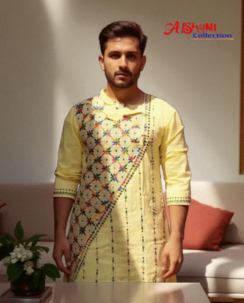 Aishani Collection Hand Embroidery Kantha Stitch Cotton Punjabi for Men Festive Collection (Beige)