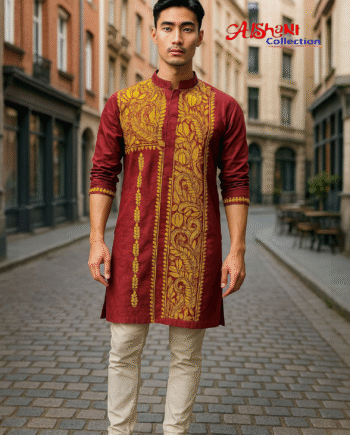 Aishani Collection Hand Embroidery Kantha Stitch Cotton Punjabi for Men Festive Collection (Maroon)