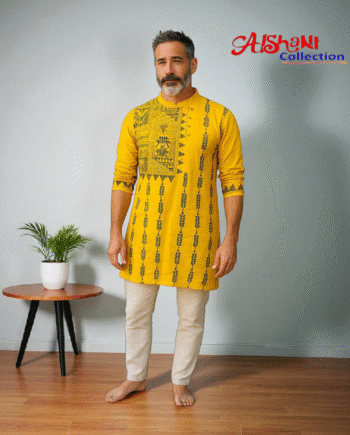 Aishani Collection Hand Embroidery Kantha Stitch Cotton Punjabi for Men Festive Collection (Yellow)