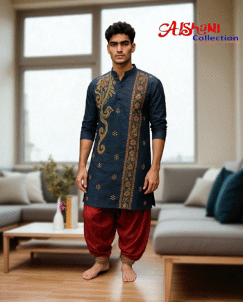 Aishani Collection Hand Embroidery Kantha Stitch Cotton Punjabi for Men Festive Collection (Black)