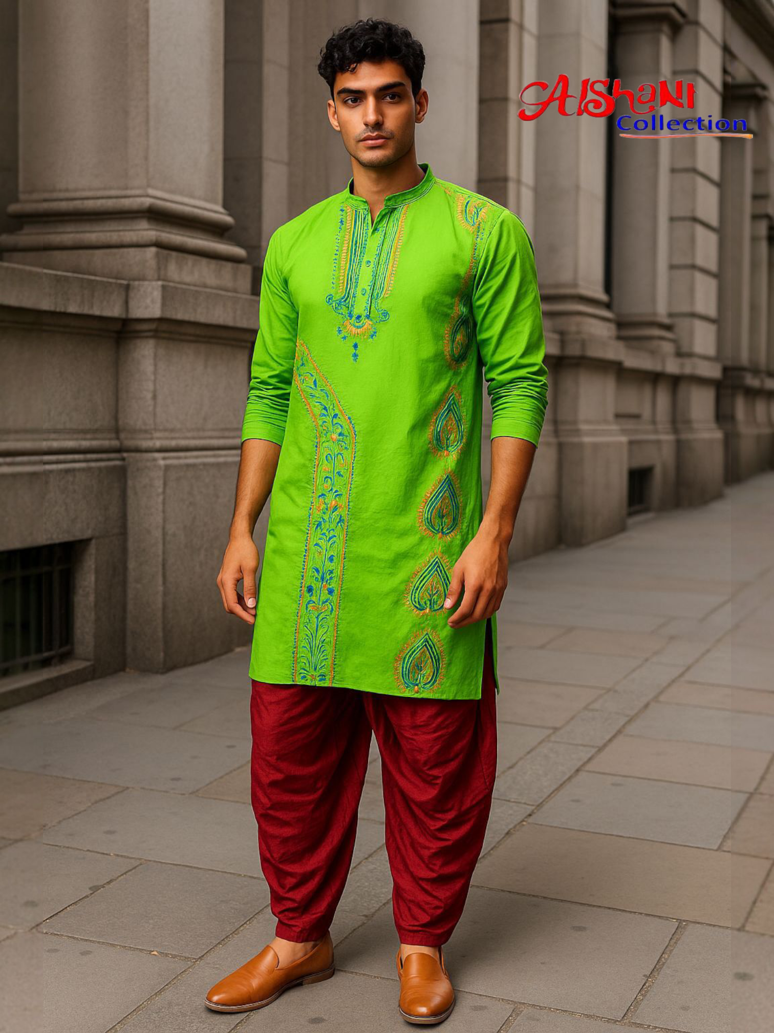 Aishani Collection Hand Embroidery Kantha Stitch Cotton Punjabi for Men Festive Collection (Green)