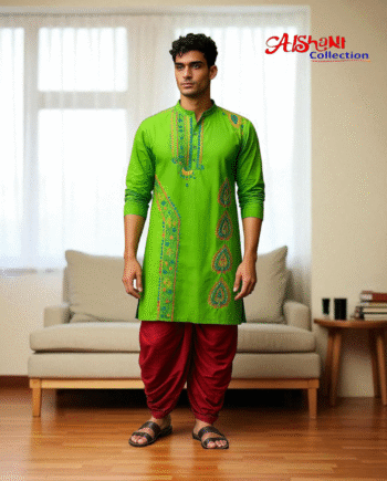 Aishani Collection Hand Embroidery Kantha Stitch Cotton Punjabi for Men Festive Collection (Green)