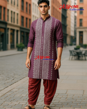Aishani Collection Hand Embroidery Kantha Stitch Cotton Punjabi for Men Festive Collection (Majenta)