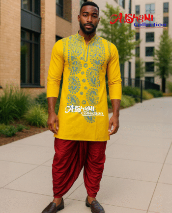 Aishani Collection Hand Embroidery Kantha Stitch Cotton Punjabi for Men Festive Collection (Yellow)