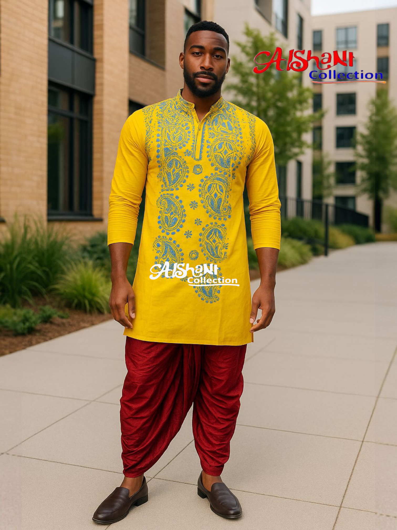 Aishani Collection Hand Embroidery Kantha Stitch Cotton Punjabi for Men Festive Collection (Yellow)