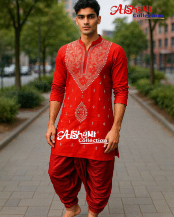 Aishani Collection Hand Embroidery Kantha Stitch Cotton Punjabi for Men Festive Collection (Red)