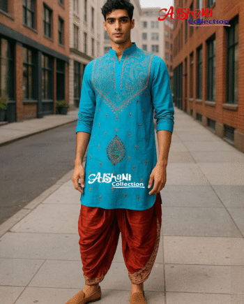 Aishani Collection Hand Embroidery Kantha Stitch Cotton Punjabi for Men Festive Collection (Blue)
