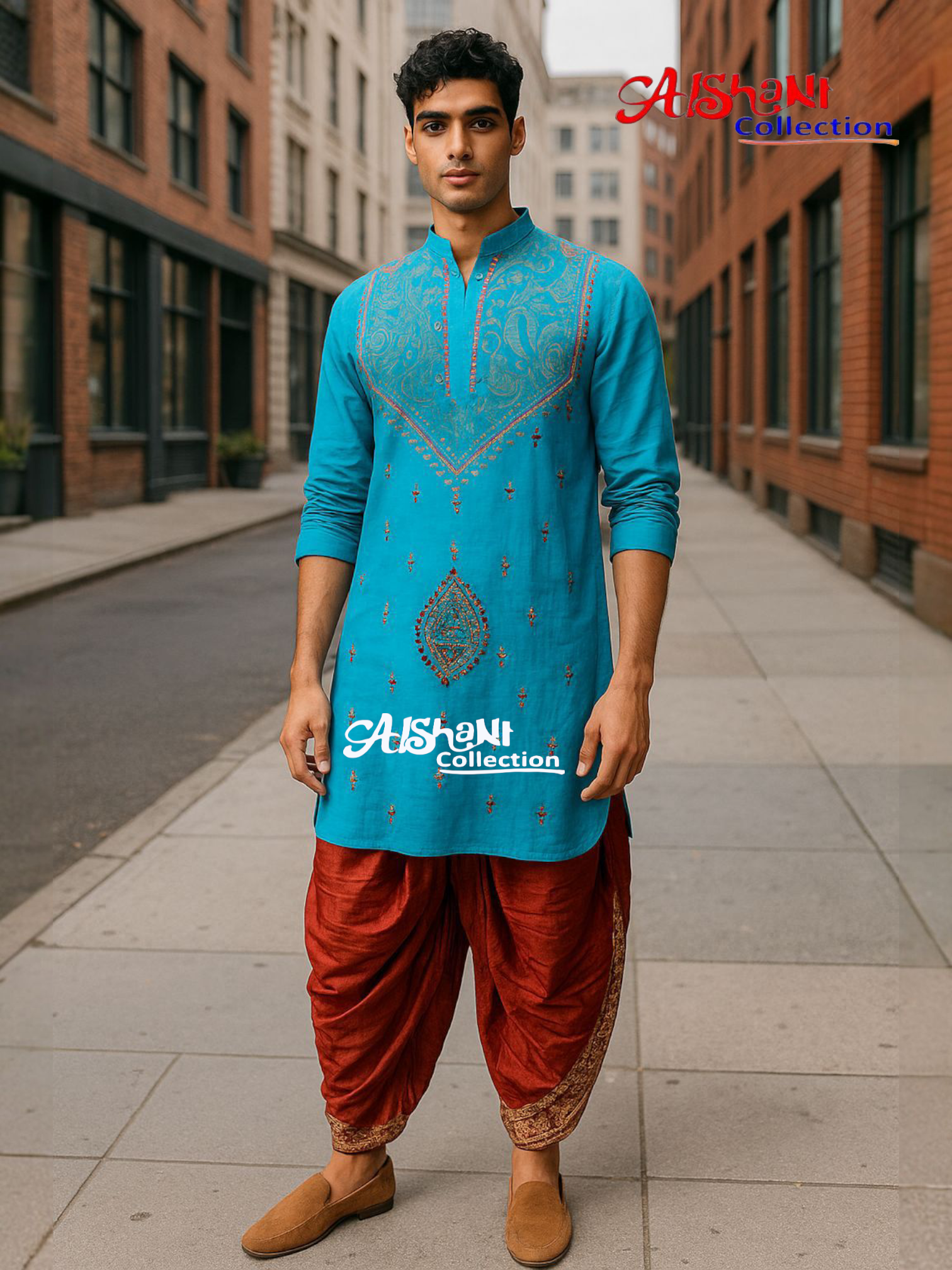 Aishani Collection Hand Embroidery Kantha Stitch Cotton Punjabi for Men Festive Collection (Blue)