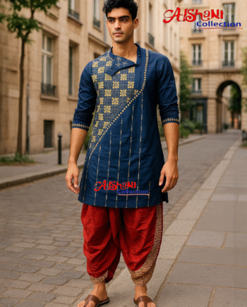 Aishani Collection Hand Embroidery Kantha Stitch Cotton Punjabi for Men Festive Collection (Navy Blue)