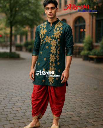 Aishani Collection Hand Embroidery Kantha Stitch Cotton Punjabi for Men Festive Collection (Dark Green)