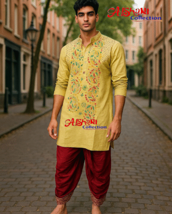 Aishani Collection Hand Embroidery Kantha Stitch Cotton Punjabi for Men Festive Collection (Beige)