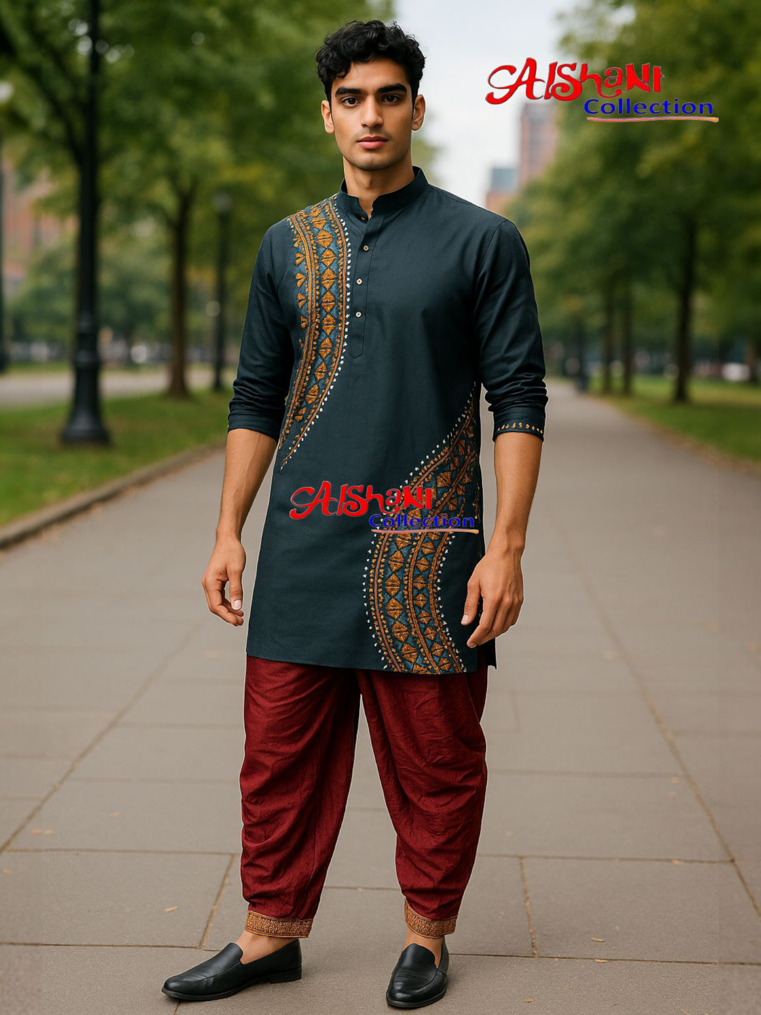 Aishani Collection Hand Embroidery Kantha Stitch Cotton Punjabi for Men Festive Collection (Black)