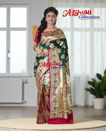 Aishani Collection Woven Pure Katan Silk Banarasi Wedding Saree for Women with Blouse Piece (Green & Red)
