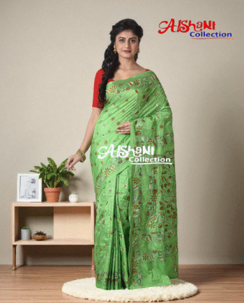 Hand Embroidered Kantha Stitch Blended Bangalore Silk Saree with Blouse Piece – Aishani Collection (Light Green)