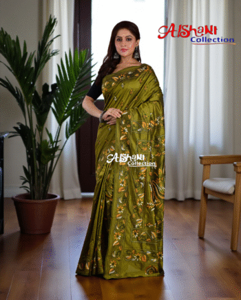 Hand Embroidered Kantha Stitch Blended Bangalore Silk Saree with Blouse Piece – Aishani Collection (Pesta Dual)