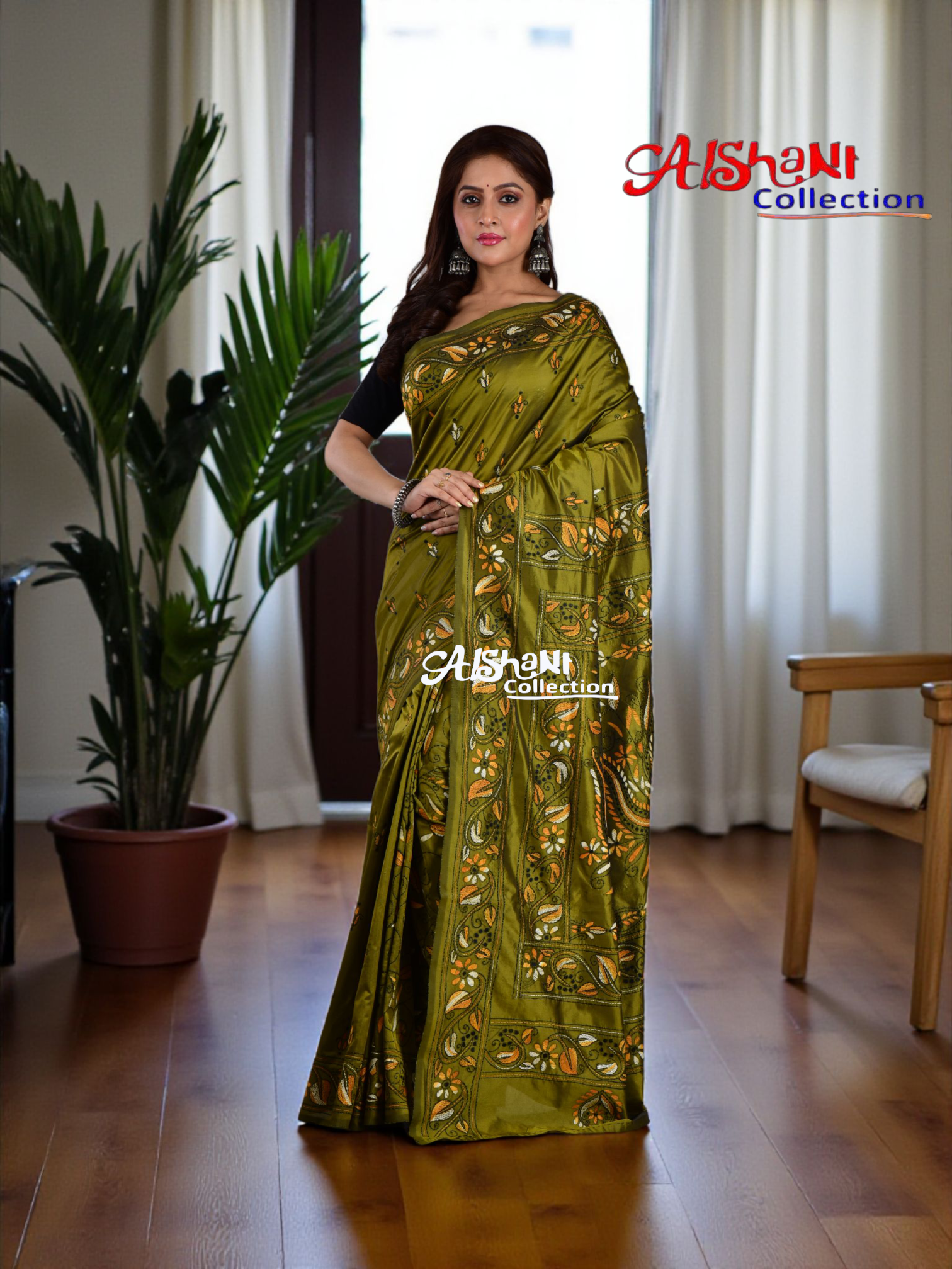 Hand Embroidered Kantha Stitch Blended Bangalore Silk Saree with Blouse Piece – Aishani Collection (Pesta Dual)