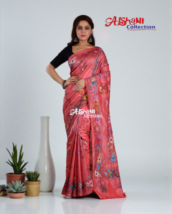 Hand Embroidered Kantha Stitch Blended Bangalore Silk Saree with Blouse Piece – Aishani Collection (Peach)