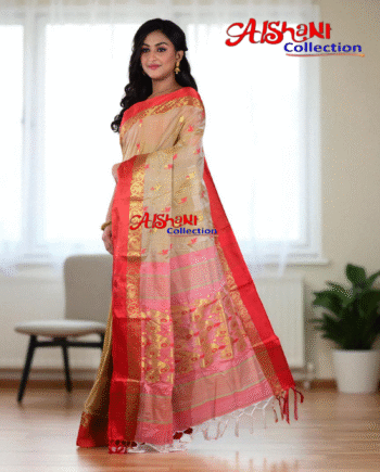 Tussar Silk Handloom Saree for Women by Aishani Collection | Rich Minakari Work | Contrast Border | Lightweight Ethnic Wear (Beige & Red)