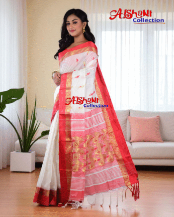 Tussar Silk Handloom Saree for Women by Aishani Collection | Rich Minakari Work | Contrast Border | Lightweight Ethnic Wear (White & Red)