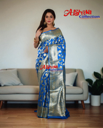 Aishani Collection Woven Pure Katan Silk Banarasi Wedding Saree for Women with Blouse Piece (Firoja Blue)